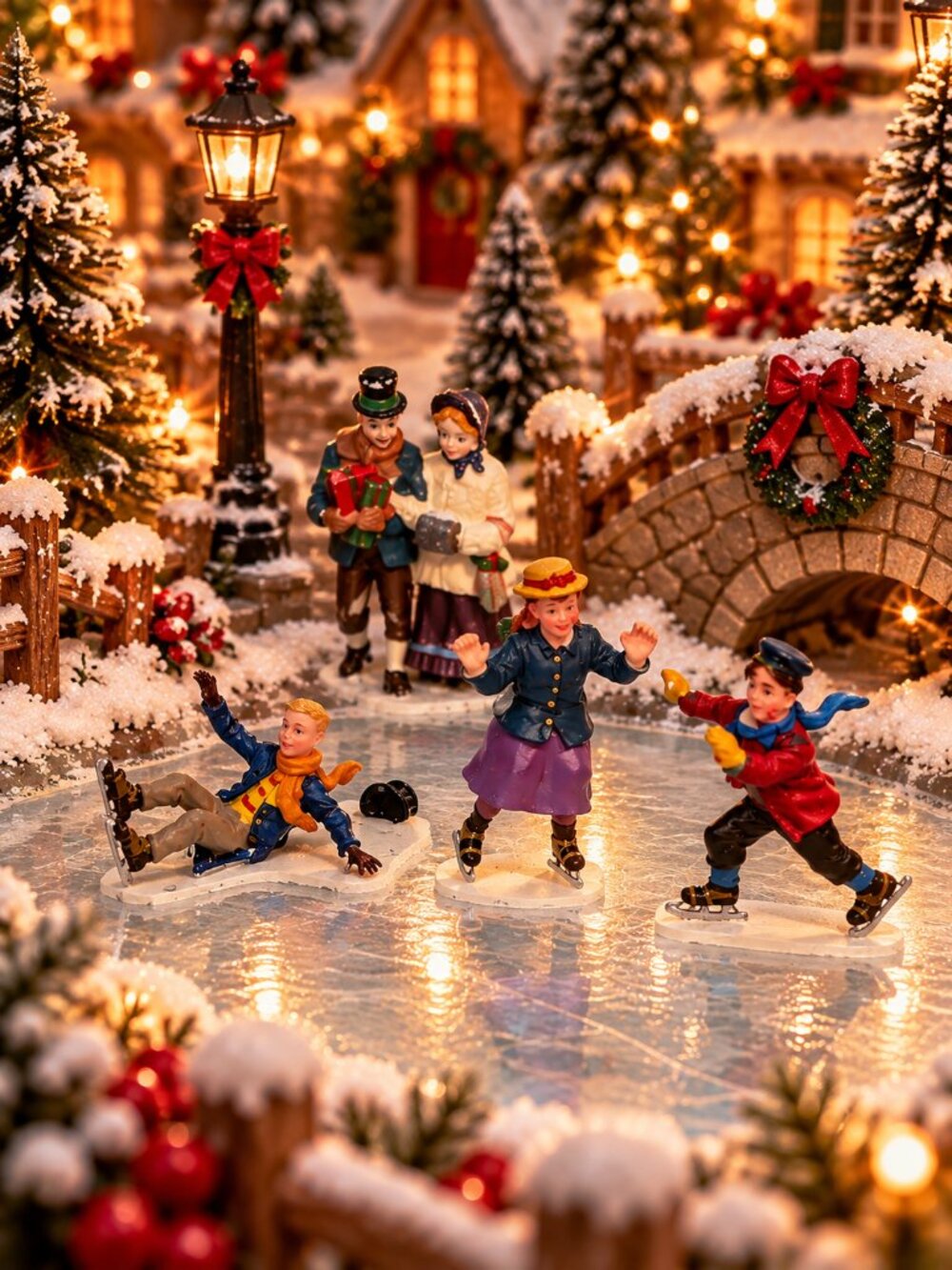 Vintage 1990s Christmas Village Figurines Set of 4 | Ice Skaters & Winter Couple